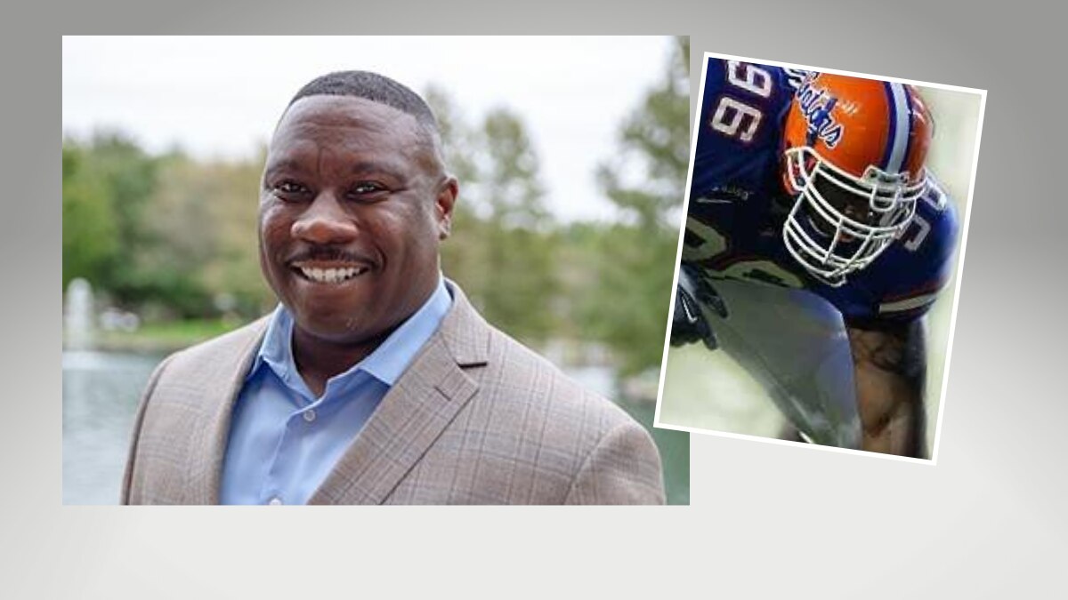 Dwayn N. Headshot in front of a lake and picture from playing football at University of Florida