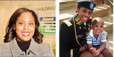 Erin A. professional headshot and photo in Army uniform with a child