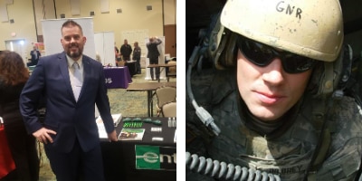 Adam B. at an Enterprise career fair booth and in his Army uniform with helmet