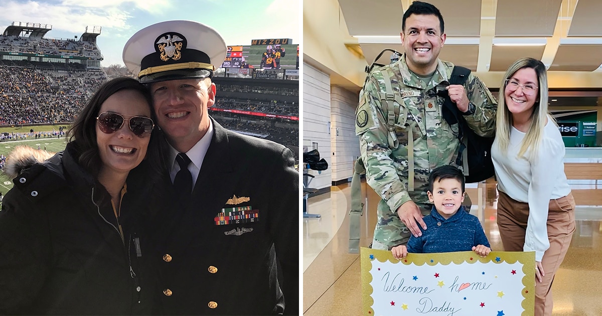 Aaron R. with her husband in his dress uniform and Kendra with her son welcoming her husband home at the airport