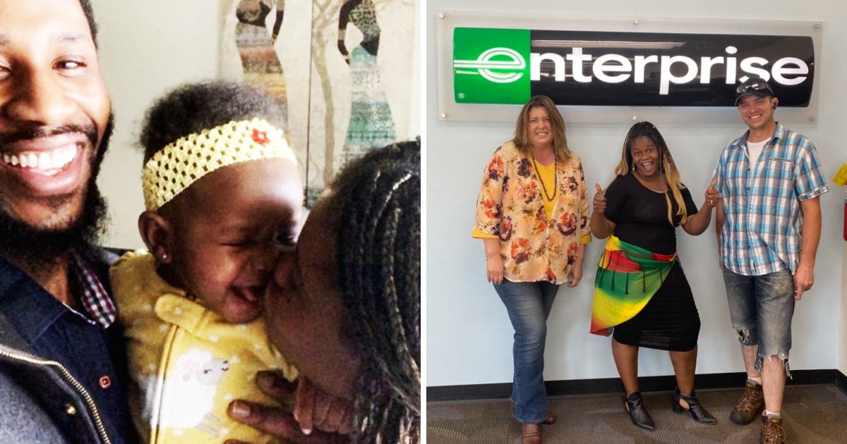 Family Photo of Kaly M. kissing her baby with her husband and Kaly M. back at work at Enterprise with Coworkers