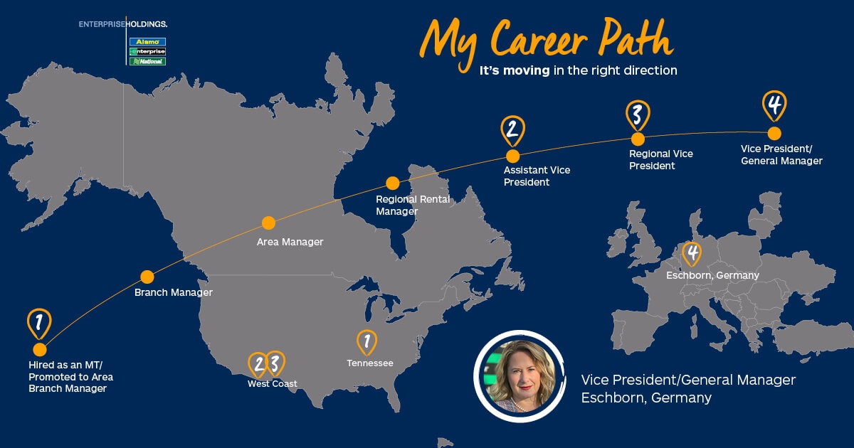 Tracy Simmons Headshot and Career Path on a Map of North America and Europe