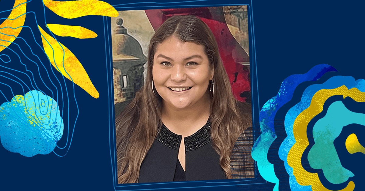 Jennifer R. Headshot on blue and yellow flowered background