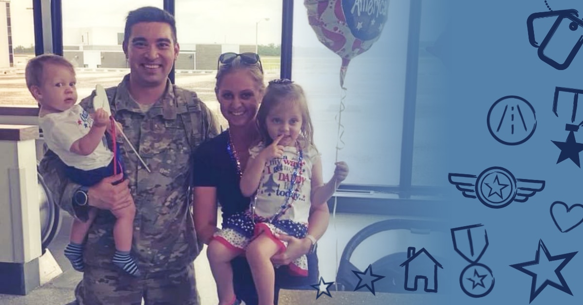 Courtney G. with her husband in military uniform with their children