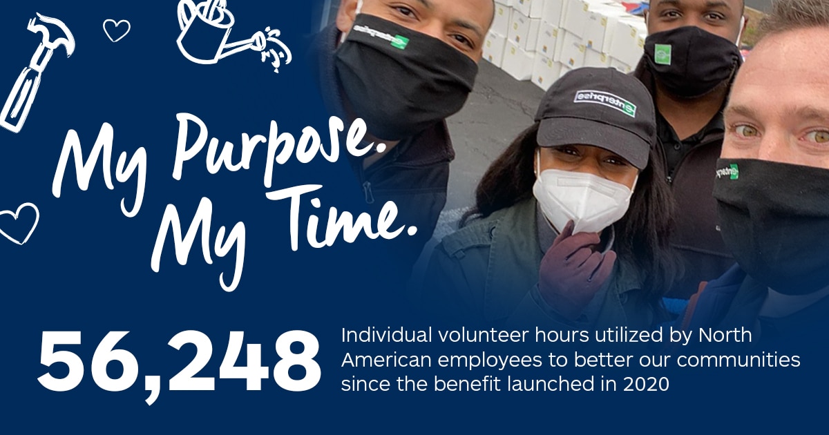 Enterprise Employees with masks on.  Info on number of volunteer hours
