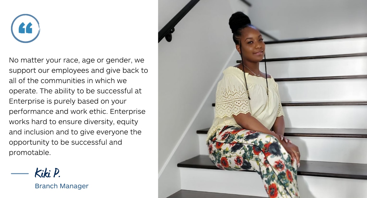 Kiki P. photo sitting on stairs with quote