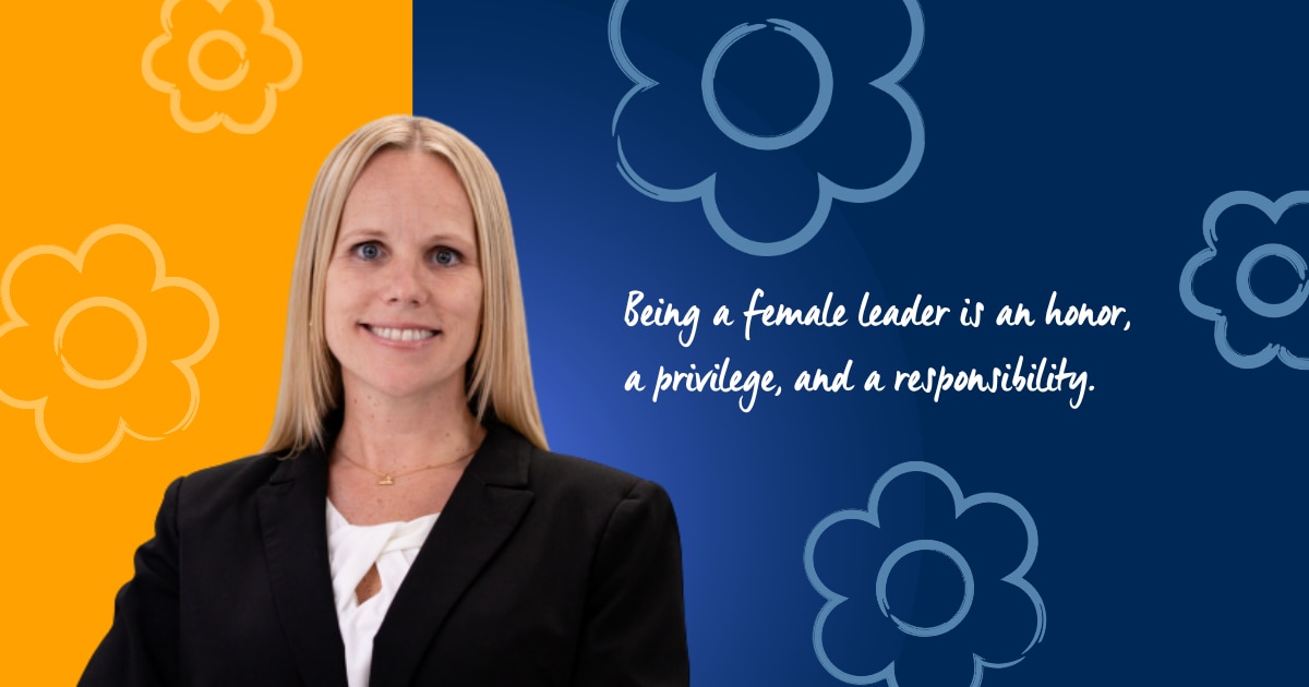 Joy Fiasconaro Headshot on blue and yellow background with flowers and quote