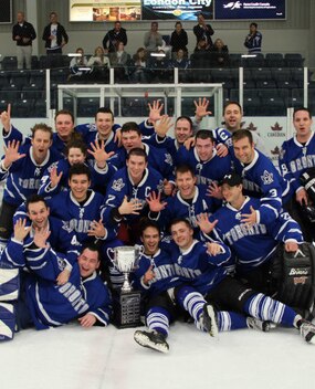 Employees after winning a hockey game